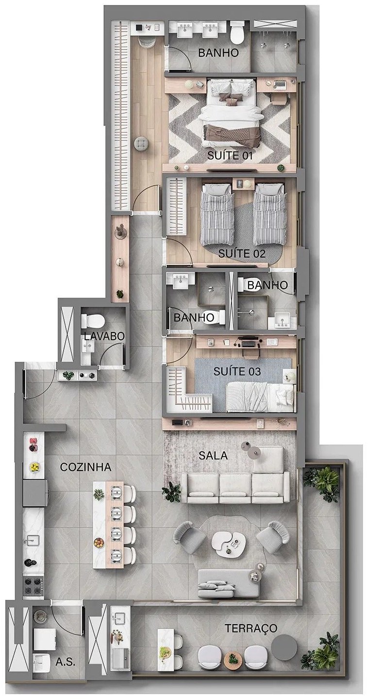 Planta tipo de 130 m² com 3 suítes
